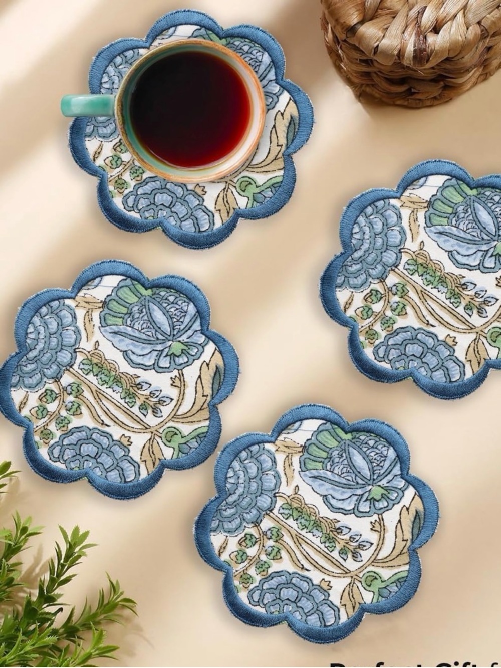 8 Block print boho Floral Blue Coasters WASHABLE BRAND NEW